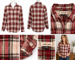 Alpine Lakes Women's Plaid Flannel Button-Up Shirt – Red/Cream/Black – Size XL